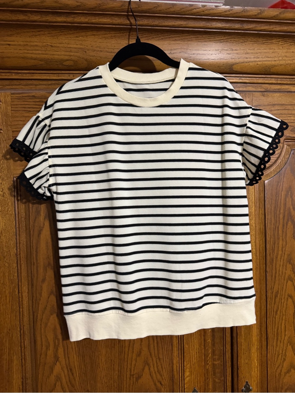 Striped Cream and Black Short Sleeve Sweater